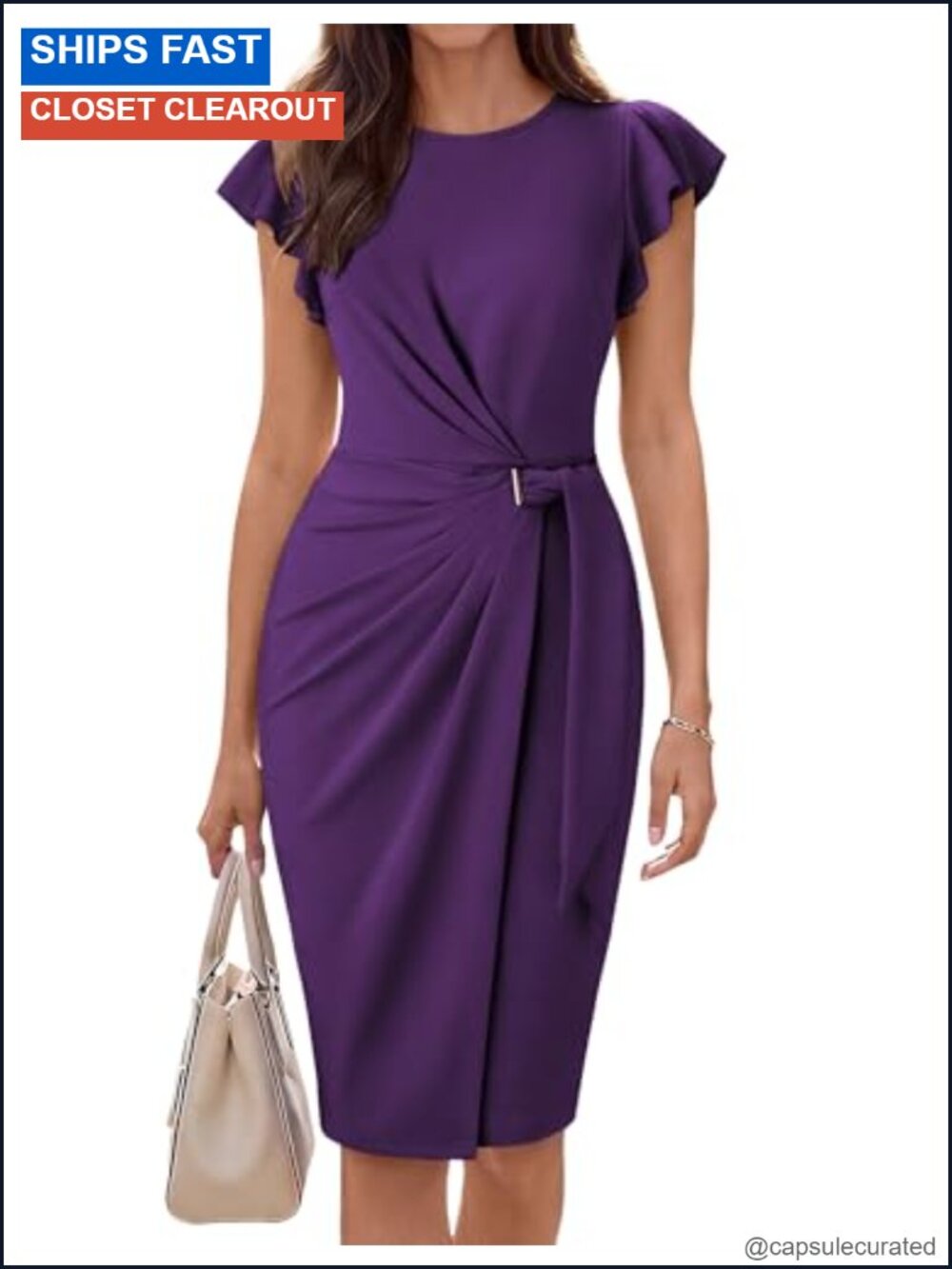 Business Casual Midi Bodycon Dress Ruched Flutter Sleeve Work Church